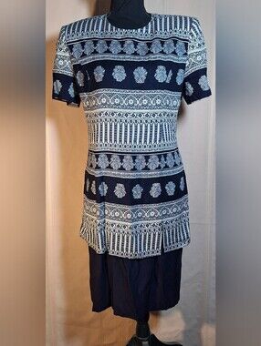 K.C. SPENCER Navy Blue Printed Midi Dress with White Pattern